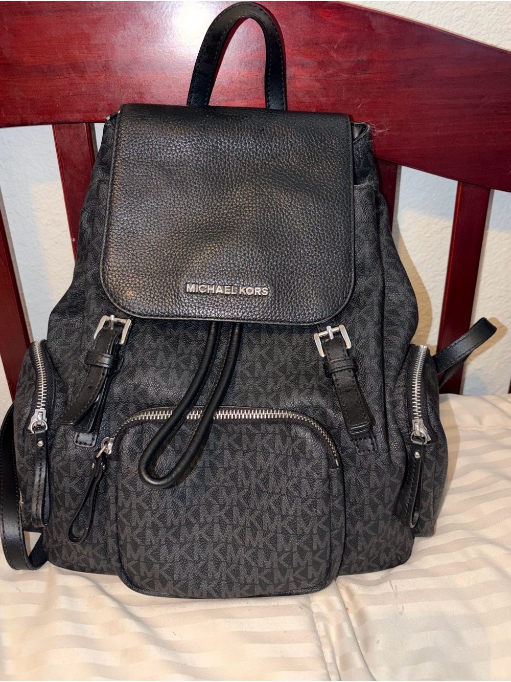 Michael Kors Black MK Logo Drawstring Backpack with Leather Flap